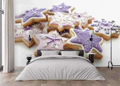 Isolated white background Christmas cookies with a purple star and snowflake Wall mural