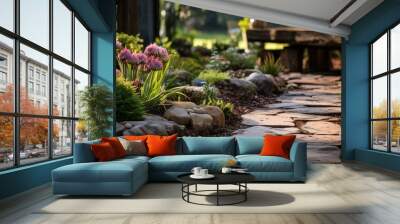 Landscaping concept Close up of path with stone slabs bark mulch and native plants Wall mural