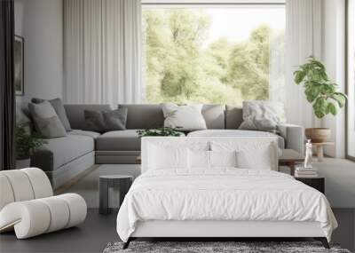 Light living room with grey sofa, coffee table, and large window Wall mural