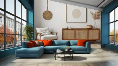 Living room interior with mock-up frame, armchair, carpet, pouf, and wooden commode. Home decor template. Wall mural