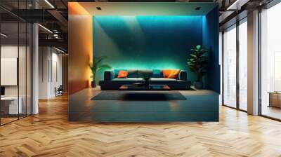 Luminous space with orange, blue, and green accents. A niche on the accent wall is used for art or décor. Lounge area in a contemporary home design model. luxury setting. Generative AI Wall mural