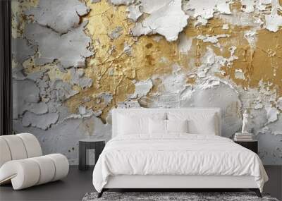 Messy wall stucco texture in white and gold for decorative purposes. Wall mural