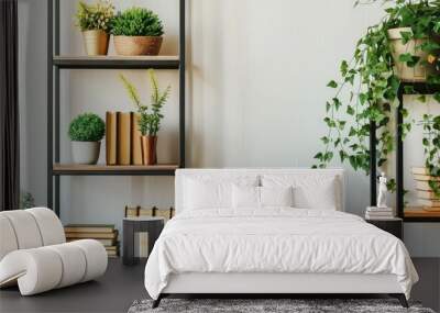 Metal rack holding plants and books with empty space Wall mural