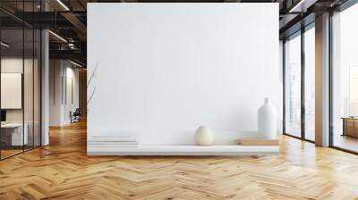 Minimal interior design with white table and various decorative elements on a shelf Wall mural