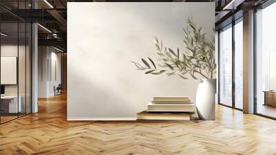 Minimalist Mediterranean-inspired decor. Textured vase with olive tree branches and coffee cup. Books on wooden table. Living room scene. Blank wall for customization. Contemporary interior Wall mural