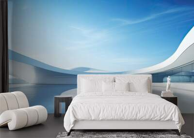 Modern curved building space with light and shadow under blue sky. Wall mural