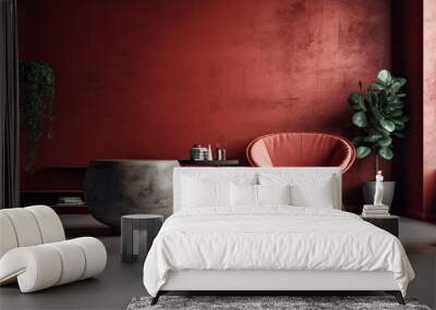 modern furniture, a red concrete wall, and a simple interior design. Generative AI Wall mural