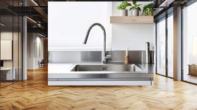 Modern kitchen with stainless steel faucet, island sink, and wall-mounted kitchenware. Wall mural