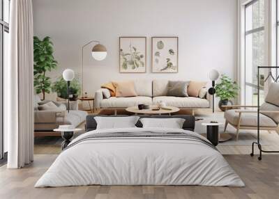 Modern Scandinavian home interior design characterized by an elegant living room featuring a comfortable sofa, mid century furniture, cozy carpet, wooden floor, white walls, and home plants. Wall mural