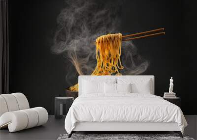 noodles in a smokey state with chopsticks, isolated on a dark background with a clipping path. Generative AI Wall mural