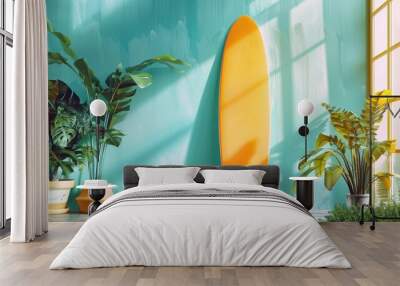 Office with plants and surfboard by bright wall Wall mural