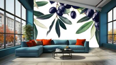 Olives. Black Mature Olive growing on a tree. Food Border Pattern. Against White Background. Wall mural