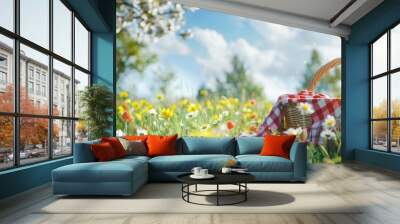 Picnic in a Sunny Meadow with Ample Space for Copy. Wall mural