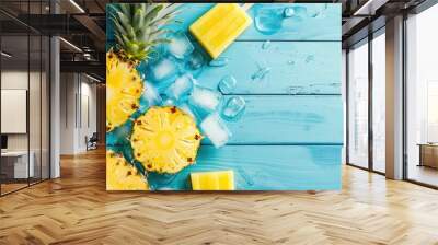 Pineapple slices, popsicle sticks, and ice displayed on a blue wooden table with empty space, creating a summer fruit party theme. Wall mural