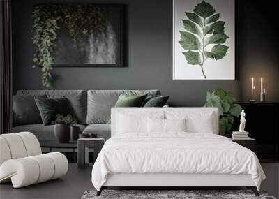 Real photo of a grey sofa standing in a stylish living room interior behind a white table with leaves and in front of a grey wall with posters. Generative AI Wall mural