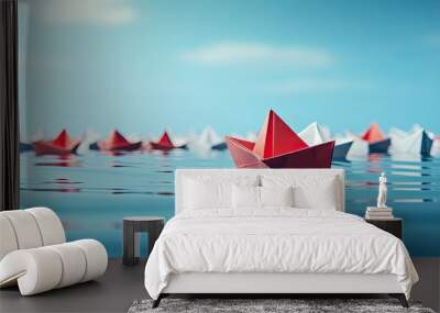 Red paper boat surrounded by white boats on blue background represents teamwork Wall mural