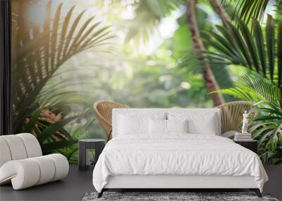 Relaxing garden chair with tropical background for decoration or product display. Wall mural