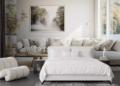 Scandinavian interior design featuring a white living room with a sofa and a a summer landscape through the window. Wall mural