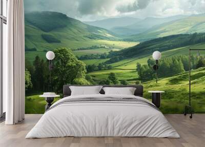 Scotland features green meadows, trees, and hills. Wall mural