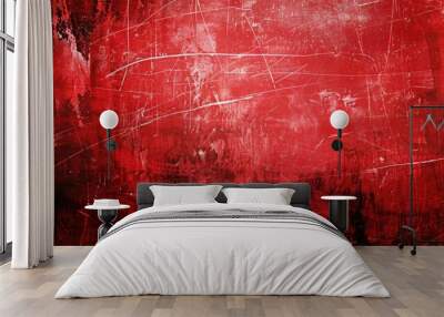 Scratched bright red paint on wide surface with a gloomy grunge abstract background Wall mural