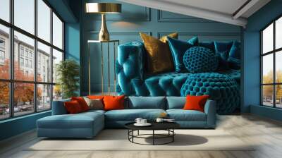 sofa with blue velvet in the living room. pillows in blue and gold. bronze sphere lamps blue toned contemporary decor. Generative AI Wall mural