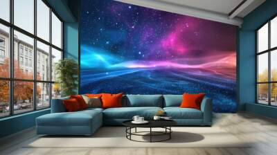 Soft neon glow with colorful light overlay on dark empty space background. Wall mural