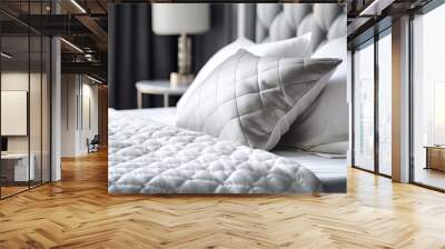 Soft white quilted cushion in bed with white leather headboard in the backdrop. Clean pillow, comfort, close up of a bed component. Background with quilted headboard and mockup design Generative AI Wall mural