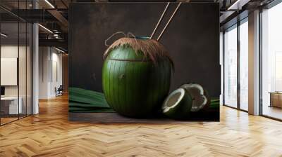 solitary green coconuts with a straw. Generative AI Wall mural