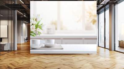 Spring-themed dinner table in white kitchen with fresh white flowers as vertical background image. Wall mural