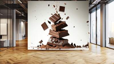 stacked chocolate chunks falling close up on a white background. Generative AI Wall mural