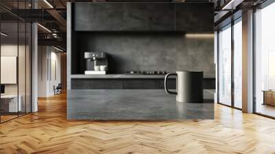 Stylish coffee cup on island or countertop in contemporary kitchen. Dark grey kitchen interior details. Wall mural