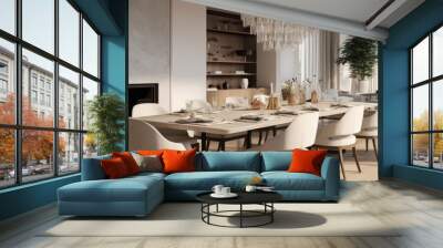 This is the interior of a stylish dining room in a modern apartment. A chandelier hangs over a wooden table surrounded by chairs. A fireplace adds warmth and ambiance to the room. Wall mural