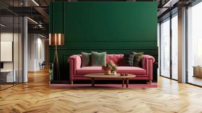 This living room features dark green walls, a checkered floor, a coffee table, and a vibrant pink couch with an armchair nearby. A tall window adds natural light to the space. Wall mural