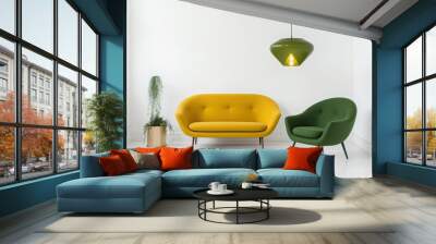 This modest living room has a green couch and a yellow armchair against a white wall. Generative AI Wall mural