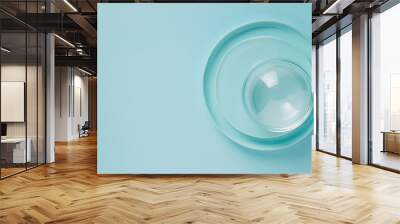 Top view of circle dish and clear ball on light blue paper background with empty space for displaying cosmetic products, food, and props. Wall mural