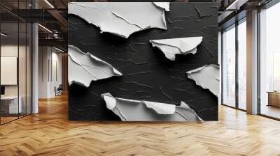 Torn white paper pieces on black background with wrinkled texture Wall mural