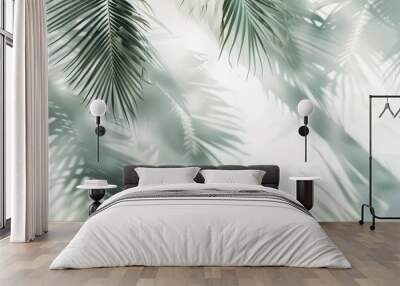 Transparent palm leaves shadow background overlay. Tropical tree summer shade realistic background or wallpaper. Foliage reflection in window frame, palm leaf sunlight grey shadow backdrop. Wall mural