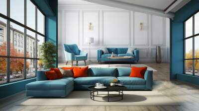 two armchairs and a blue couch are in an apartment's interior. the floor is parquet. mockup copy spa Wall mural