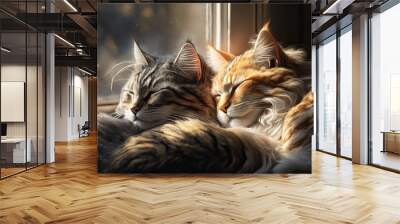 Two cats, a short hair gray and white tabby and a long hair orange and white long hair sleep in the sunlight of a large glass window inside a home. Selective focus on gray white tabby. Generative AI Wall mural