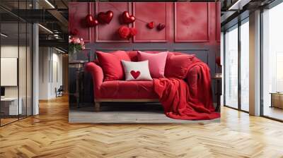 Valentines Day themed interior with red sofa and home decor. Wall mural