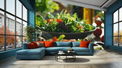 Vegetarian salad with fresh greens and veggies, healthy meal on table Wall mural