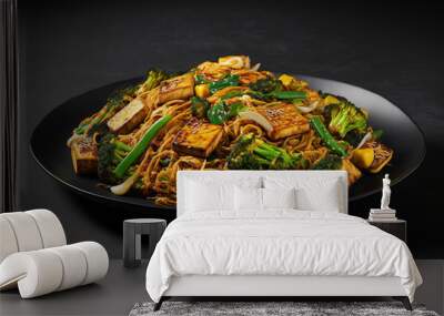 vegetarian yakisoba noodles with tofu stir fried on a dish against a gray background. Generative AI Wall mural