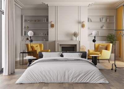 View from the side of a light living room interior with a sofa and two armchairs and a hardwood floor. fireplace and decorative shelf Model of a blank wall Wall mural