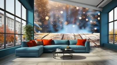 Vintage wooden table in front of a blurry winter holiday background Wall mural