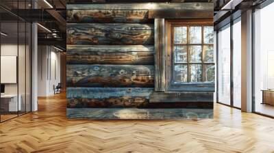 Vintage wooden window on a wall of a log house. Different perspective Wall mural