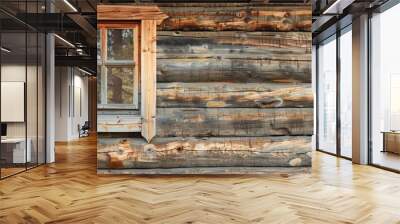 Vintage wooden window on a wall of a log house. Different perspective Wall mural