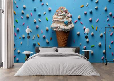 Waffle Cone with Ice Cream and Sprinkles and a Blue Background. Generative AI Wall mural