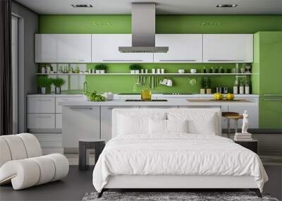 Well-designed modern kitchen in green and white. Wall mural