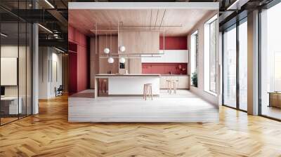 white and red toned wooden kitchen. Streamlined and minimal design. Bamboo wallpaper, a parquet floor, and a beam ceiling. Interior design by Japandi,. Generative AI Wall mural