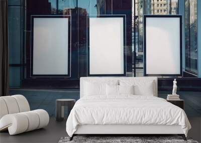 White empty posters displayed in a glass showcase on the street as a mock-up. Wall mural